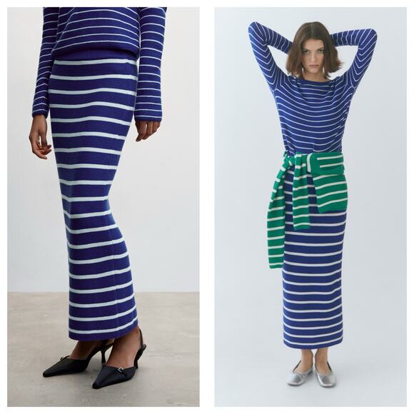 NWT Mango Striped Knitted Midi Skirt Size Medium Blue White Stretch - Picture 12 of 12